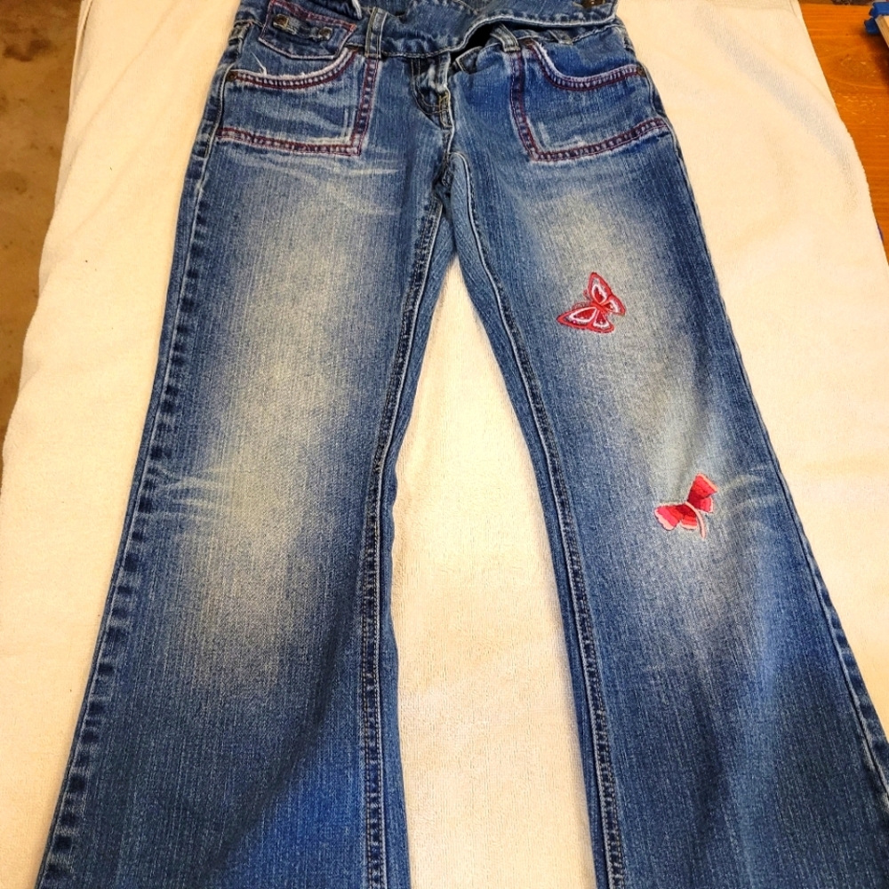 Squeeze Girls Sz 10 Vintage Look Denim Jeans with Butterfly Embroidery